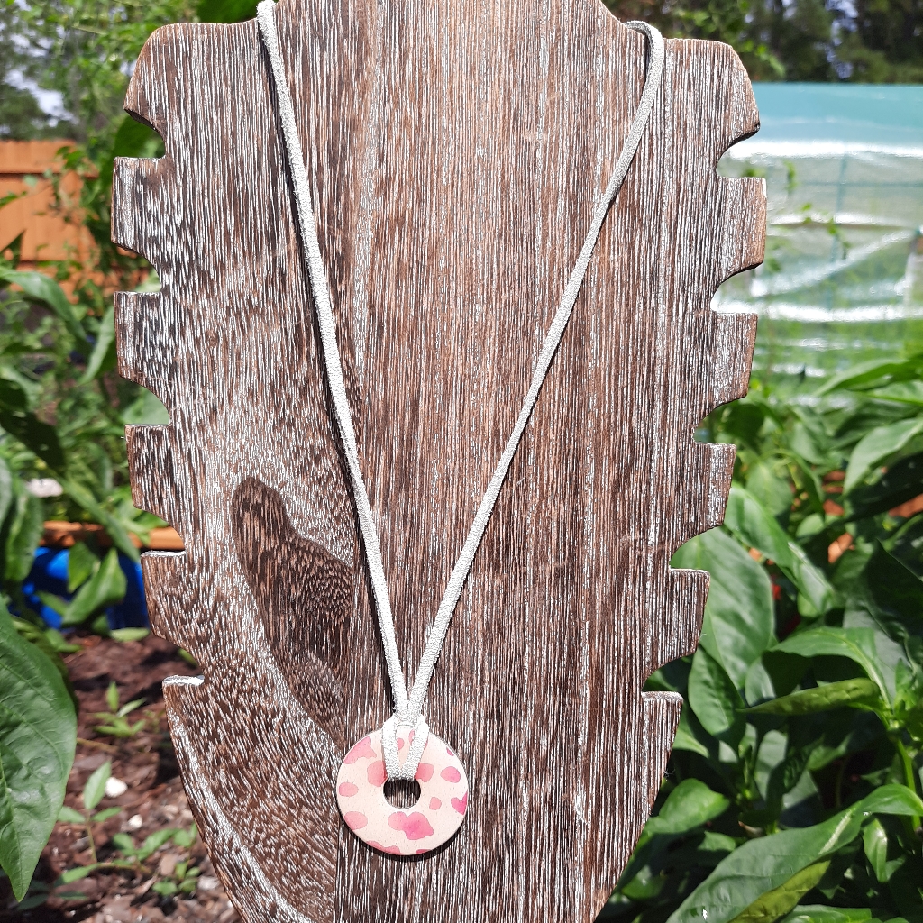 White & Pink Decoupage Washer Leather Necklace